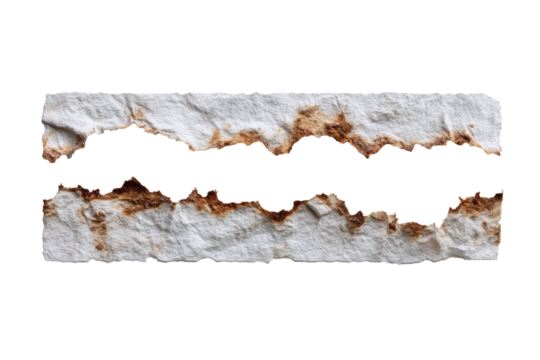 Torn paper texture with burnt edges on transparent PNG background, horizontal banner format with copy space for grunge design templates.
