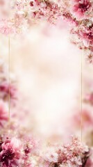 Obraz premium Elegant pink floral border with cherry blossoms and roses for wedding invitation.