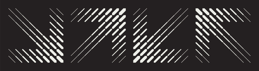Set of four contrast abstract patterns in arrows shape. Dynamic diagonal lines and geometric shapes. Blend effect creating optical illusions and visual movement on a black background