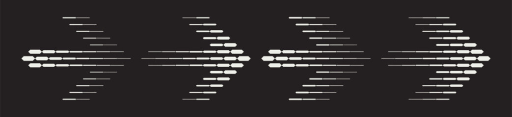 PrintSet of four contrast abstract patterns in arrows shape. Dynamic horizontal lines and geometric shapes. Blend effect creating optical illusions and visual movement on a black background