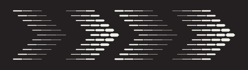 Set of four contrast abstract patterns in arrows shape. Dynamic horizontal lines and geometric shapes. Blend effect creating optical illusions and visual movement on a black background
