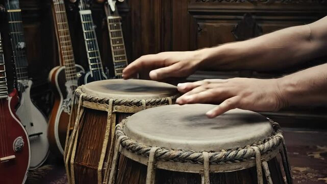 Talented fingers create intricate rhythms on a worn tabla drum while seated in a small music hall. Sitars rest against the beautifully carved wooden walls, enhancing the cultural ambiance