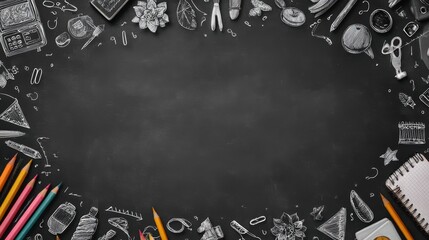 Back to school blackboard background with colorful hand drawn doodle style school supplies poster design with copyspace perfect for education banner flyer or classroom decoration