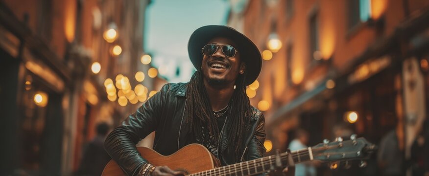 The joyful musician playing guitar in a vibrant street filled with light.