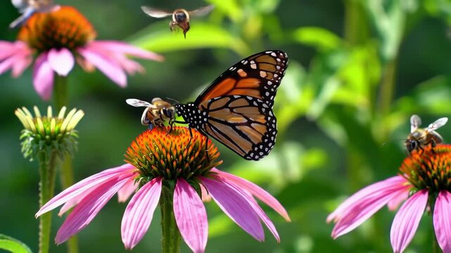 Monarch butterfly and bees pollinate purple coneflower blossoms in a sunny garden