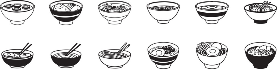 Black and White Asian Noodle Bowl Icons Set.