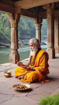 An old Indian guru dressed in a saffron robe reads ancient Sanskrit chants while seated in a shaded ashram by the riverbank, surrounded by tranquil nature