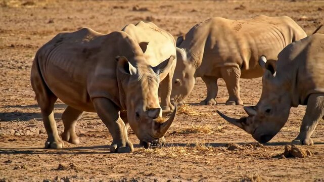Multiple rhinoceroses eat hay on dry dusty ground
