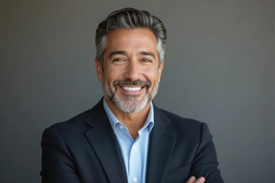 Smiling middle aged man with salt and pepper hair and beard wearing a blue shirt and dark suit against a gray background