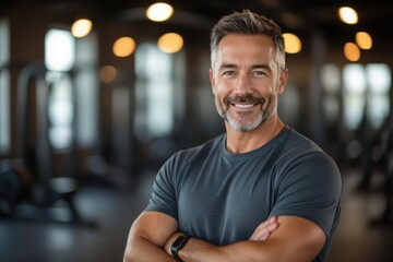 Obraz premium Smiling fit middle aged man with graying hair and beard in gym wearing a dark t shirt