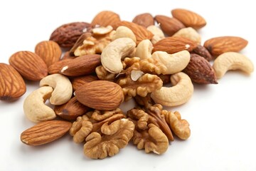 Assorted Mixed Nuts Displayed in a Close-Up on a White Background

