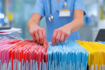 Fototapeta na wymiar Medical professional organizing colorful file folders in a healthcare office setting.