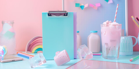 Pastel Desk Setup with Milkshakes, Pastries & Cute Stationery Essentials

