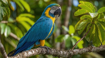 Fototapeta premium Vibrant Blue and Yellow Macaw Parrot Perched on Tree Branch in Tropical Forest.