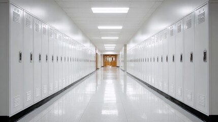 Naklejka premium Spacious school corridor with white lockers and bright overhead lighting.