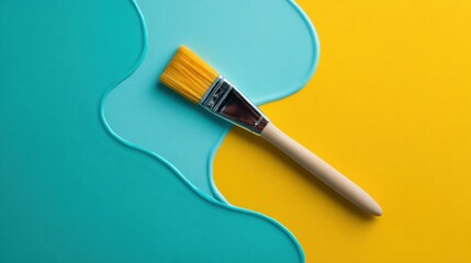 Artistic flat lay photograph of a paintbrush with turquoise paint on yellow background.