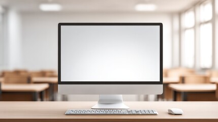 Modern computer monitor with keyboard and mouse on clean wooden desk in office setting.