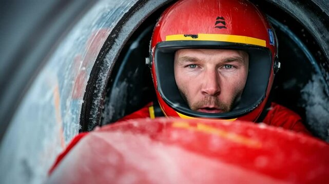 Portrait of a bobsleigh pilot wearing a helmet and smiling during a race on an icy track