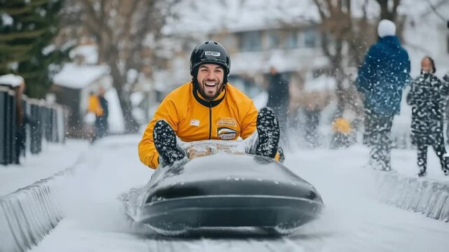 Professional athlete competing in skeleton bobsled race, sliding down icy track at high speed, experiencing thrill of winter sports