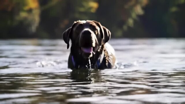 A brown labrador dog swims in a lake on a sunny autumn day