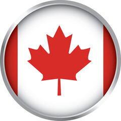 round icon with flag of canada, circular glossy emblem featuring red maple leaf on white with red borders

