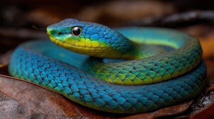 Fototapeta premium Close-up of a colorful vibrant rainforest snake coiled on forest floor in natural habitat.