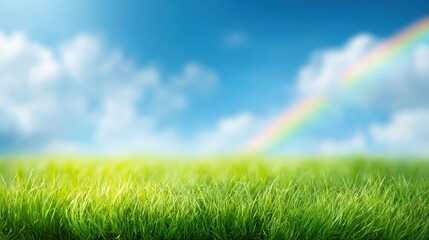 Vibrant green grassy field under bright blue sky with fluffy clouds and rainbow.