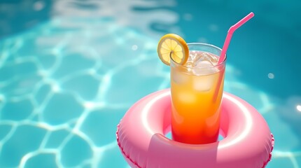 Obraz premium Refreshing Summer Cocktail in Pool: Vibrant Drink with Lemon and Pink Float, Sunny Water Relaxation