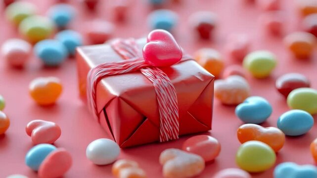 Red gift box with heart shaped candy on a sparkling background with bokeh effect, ideal for valentine's day or special occasions