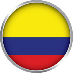 round icon with flag of colombia, circular glossy emblem featuring yellow blue red horizontal tricolor design

