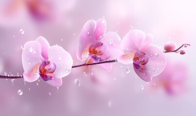 A serene and floral scene is created by delicate pink orchids blossoming on a branch, set against a soft bokeh background that accentuates their elegant petals and buds