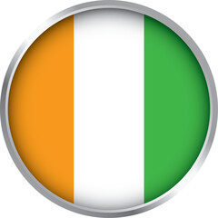 round icon with flag of ivory coast, circular glossy emblem featuring orange white green vertical tricolor

