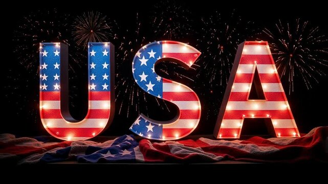 USA Marquee Letters with American Flag and Fireworks at Night
