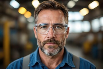 Fototapeta premium Focused male worker wearing clear safety glasses in a factory setting with blurred background lights