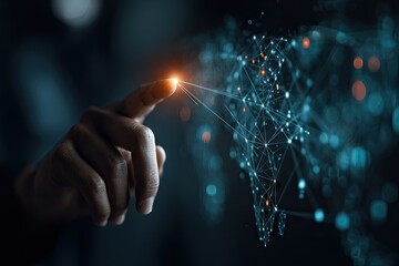 Hand interacts with a digital world map