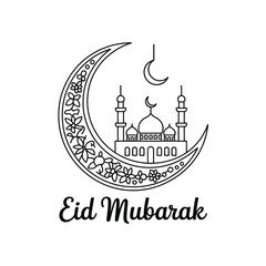 Eid Mubarak greeting with mosque and moon outline vector illustration