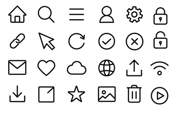 Home search menu user settings lock link cursor refresh check cancel email heart cloud globe upload wifi download square star image trash icon web