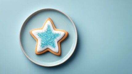 Delicious star-shaped sugar cookie with blue glitter icing on a round plate against blue background.