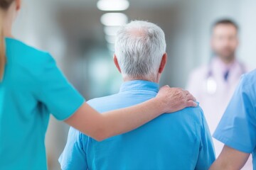 Fototapeta premium Healthcare professionals examining senior patient in hospital corridor during medical consultation.