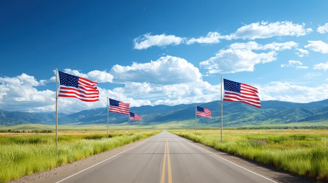 Long empty rural road parallel American flags waving in wind under blue sky. - Powered by Adobe