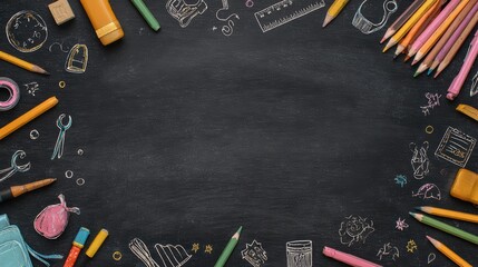Back to school blackboard background with colorful hand drawn doodle style school supplies poster design with copyspace perfect for education banner flyer or classroom decoration