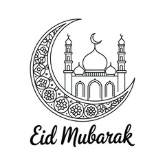 Eid Mubarak greeting card with mosque and crescent moon outline design