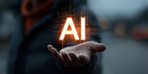 Human hand holding glowing futuristic AI symbol with digital data overlay.