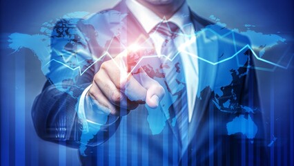 Businessman in Suit Touching Digital Global Graph Interface with Map