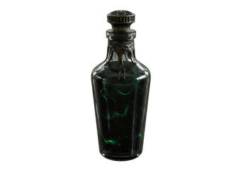 A tall glass bottle filled with swirling green liquid sealed with a dark ornamented stopper set against a black backdrop