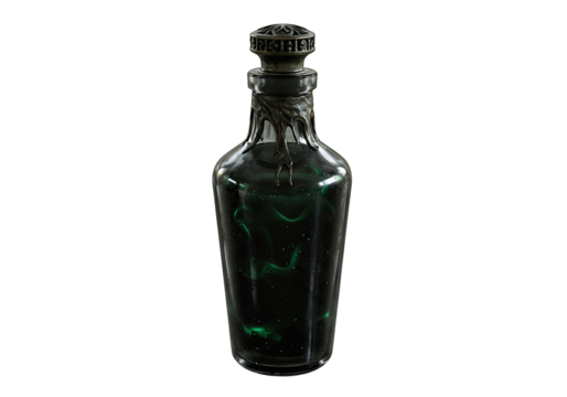 A tall glass bottle filled with swirling green liquid sealed with a dark ornamented stopper set against a black backdrop