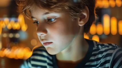 A boy looking at a screen with financial data and charts in a striped shirt indoors - Powered by Adobe