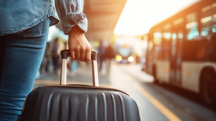 Person with rolling suitcase holding handle at bus station during sunset travel scene.