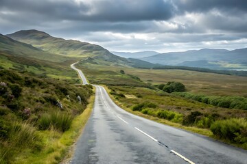 Naklejka premium Winding Road Through a Serene Green Landscape Under a Cloudy Sky