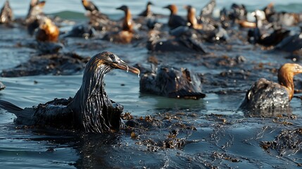Devastating Ocean Oil Spill Covering Birds and Marine Life in Slick Black Toxic Sludge